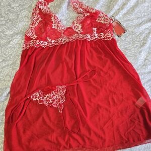 Lace Trimmed Red Chemise Set